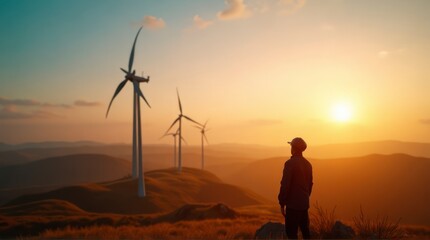 Fototapeta premium Wind Turbine Landscape with Man at Sunset