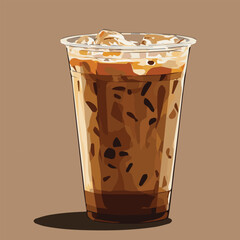 Vector illustration of ice coffee with ice in clear plastic cup