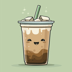 Vector illustration of ice coffee with ice in clear plastic cup