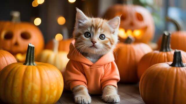 Deliciously baked pumpkin pie with a lattice crust surrounded by autumn leaves and mini pumpkins on a wooden table