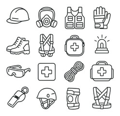 Safety equipment icons set featuring helmet, vest, gloves, boots, first aid kit, goggles, whistle