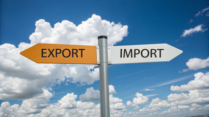 Import export Tariff trade.Export import trade signpost, sky background, business direction.Tax global international shipping,customs container shipment,international logistic business agreement