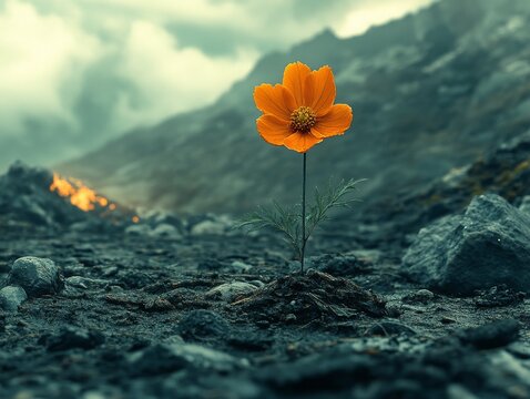 A vibrant orange flower defiantly blooms from the desolate, rocky terrain, symbolizing incredible resilience and the enduring power of hope amidst distant, fiery destruction and a grim, cloudy sky.