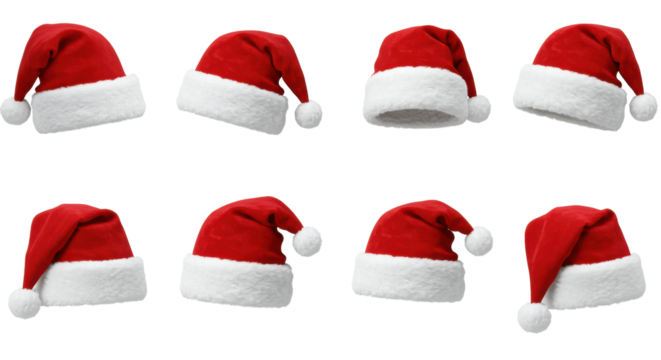 Six identical deep red velvet santa claus hats with plush white faux fur trim and pom-poms, dynamically arranged and isolated on a pristine transparent background with negative space, shot in a