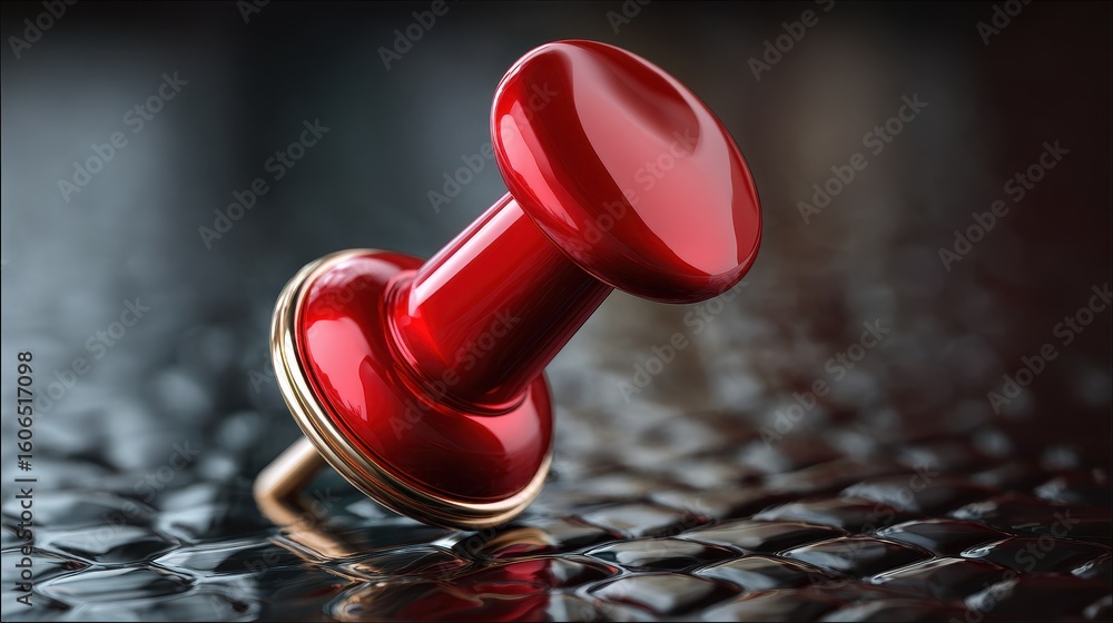 Poster red push pin resting on a textured black surface with reflective qualities showcasing its vibrant co