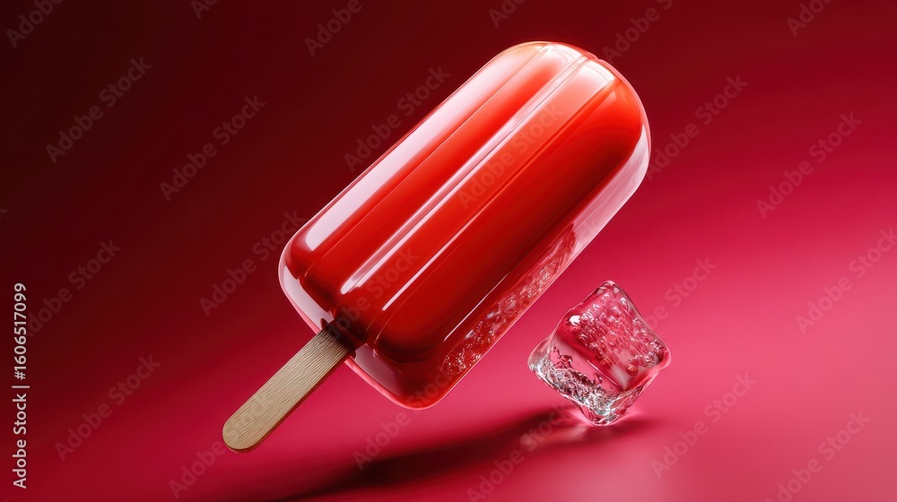 Aufkleber refreshing red popsicle floating above an ice cube against a vibrant red backdrop