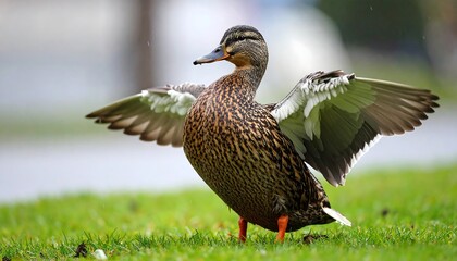 Obraz premium Female mallard duck spreading wings on green grass in a sunny day outdoor