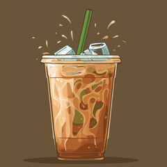 Vector illustration of ice coffee with ice in clear plastic cup