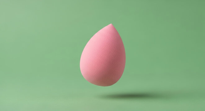 A pink teardrop cosmetic sponge levitating over a clean pastel green studio background.