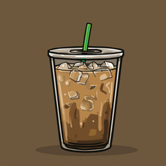 Vector illustration of ice coffee with ice in clear plastic cup