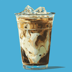Vector illustration of ice coffee with ice in clear plastic cup