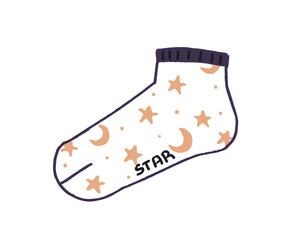 Sports ankle sock with star pattern. One short stocking with print of sparkles, moons. Casual cotton hosiery, warm garment. Modern foot accessory, clothes. Flat isolated vector illustration on white