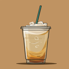Vector illustration of ice coffee with ice in clear plastic cup