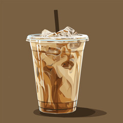 Vector illustration of ice coffee with ice in clear plastic cup