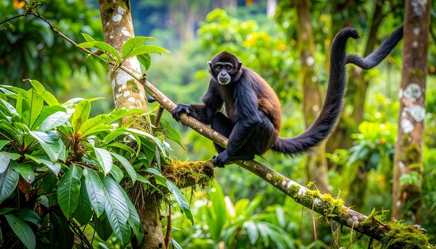 Monkey perched on a branch in a lush jungle