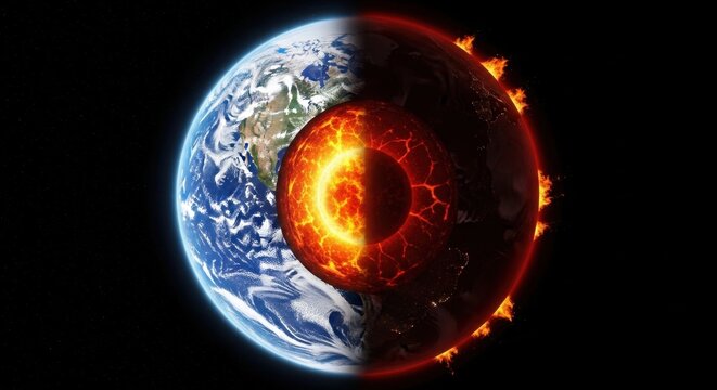 Dramatic cross-section of Earth reveals fiery core with half showing surface detail and other half engulfed in flames - Powered by Adobe