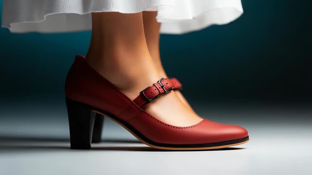 A close-up of a woman's foot wearing a red high-heeled shoe with a strap. The background is softly blurred, emphasizing the shoe's design.
