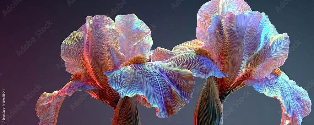 Poster iris cascade in minimal movement concept. beautiful irises with vibrant colors and soft textures in 