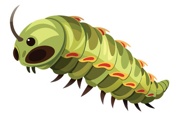 Cartoon Caterpillar Character with Green Body Segments and Reddish Orange Accents Crawling Across the Frame