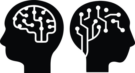 digital art, two stylized human head silhouettes with neural networks in black and white, minimalist, monochrome, clean design, simple, elegant
