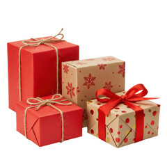 Obraz premium Three vibrant gift boxes: red with jute rope, craft with red snowflake, and craft with gold/red polka dot, all with satin bows. Grouped on transparent with copy space, photorealistic commercial