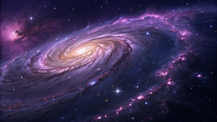 A spiral galaxy with purple and blue nebulous arms