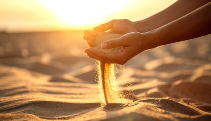 Hands releasing sand at sunset