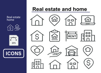 Real estate and home icon pack, modern outline style, clean and elegant, vector set for property websites