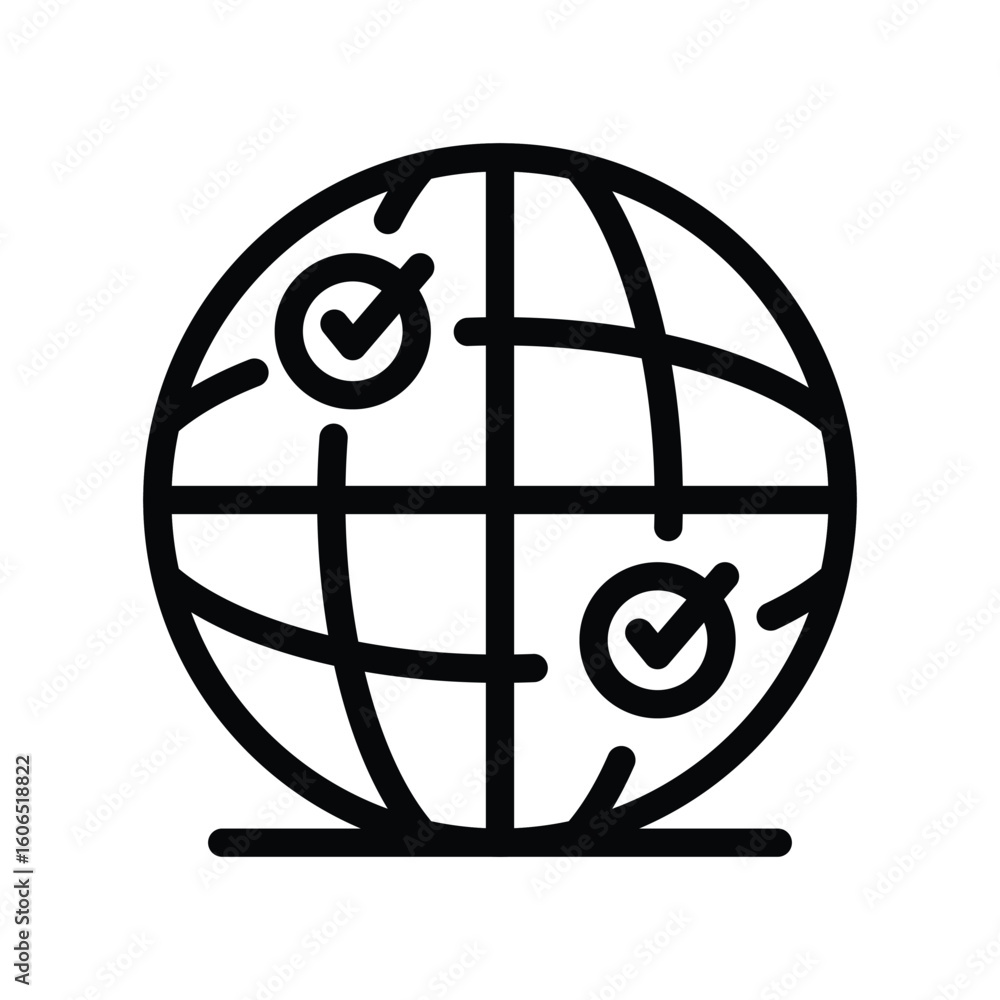 Poster a linear globe icon sits on a base with two checkmark icons on it