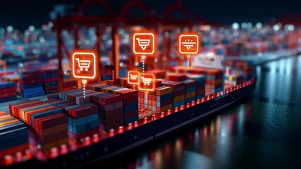 Illuminated container ship at port showcases vibrant night scene with colorful cargo, highlighting logistics and e commerce technology through digital shopping cart icons - Powered by Adobe