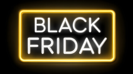 black friday glowing neon sign with vibrant white black and yellow lights on a dark background in modern high contrast style for bold promotional impact