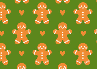 Cute gingerbread men and hearts on green seamless pattern – festive and warm design ideal for seasonal wrapping paper, baking packaging, and Christmas decorations.