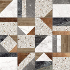 Modern seamless geometric pattern with natural textures: marble, wood, stone, cement, terrazzo. Ideal for interior design, wallpaper, packaging, textiles, tiles, and parquet flooring.	