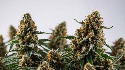 Indoor cannabis plants flowering with mature buds growing under controlled conditions for harvest in optimized environment with vibrant green leaves and healthy crop development