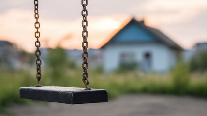 Real estate foreclosure crisis Swing set in focus with a blurred house in the background.