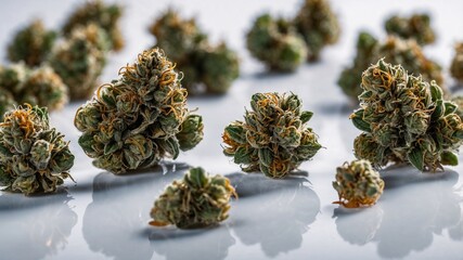 Cannabis buds displayed in neutral surroundings with soft lighting and minimal background emphasizing natural texture and organic detail
