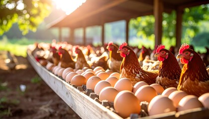Free-range hens laying eggs in a natural setting on a sunny day farm life