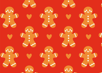Repeating gingerbread man and heart pattern – charming, seamless vector with smiling cookie shapes and cozy tones for holiday crafts, winter products, and Christmas themes.