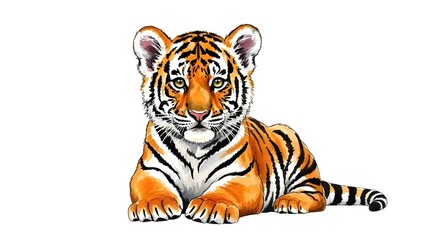 Fototapeta premium Watercolor drawing of a sitting tiger cub on a white background