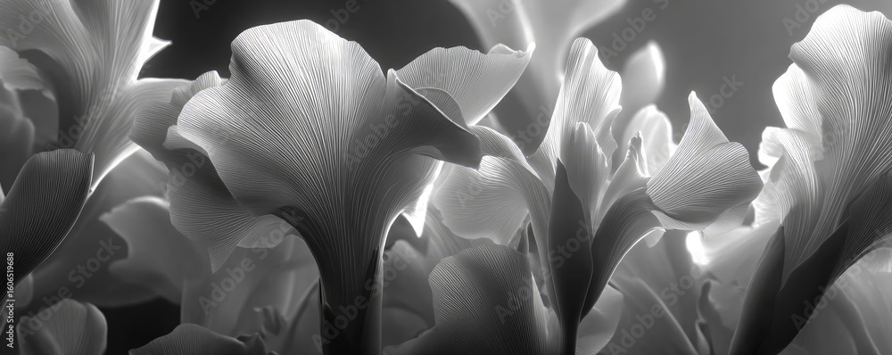 Poster iris cascade in minimal movement concept. monochromatic close-up of elegant flower petals in soft li