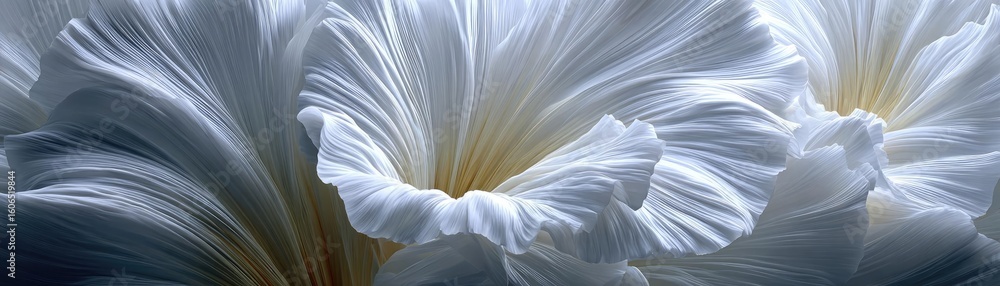 Poster Iris cascade in minimal movement concept. Elegant white petals showcasing delicate textures and soft hues.