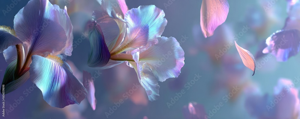 Poster iris cascade in minimal movement concept. beautiful iridescent petals floating in a serene atmospher