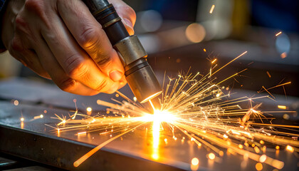 Intense Spark and Ember Flare from Welding Torch Against Steel