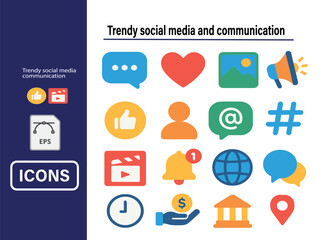 Trendy social media and communication icon collection, flat design, colorful palette, vector illustration for UI and app design