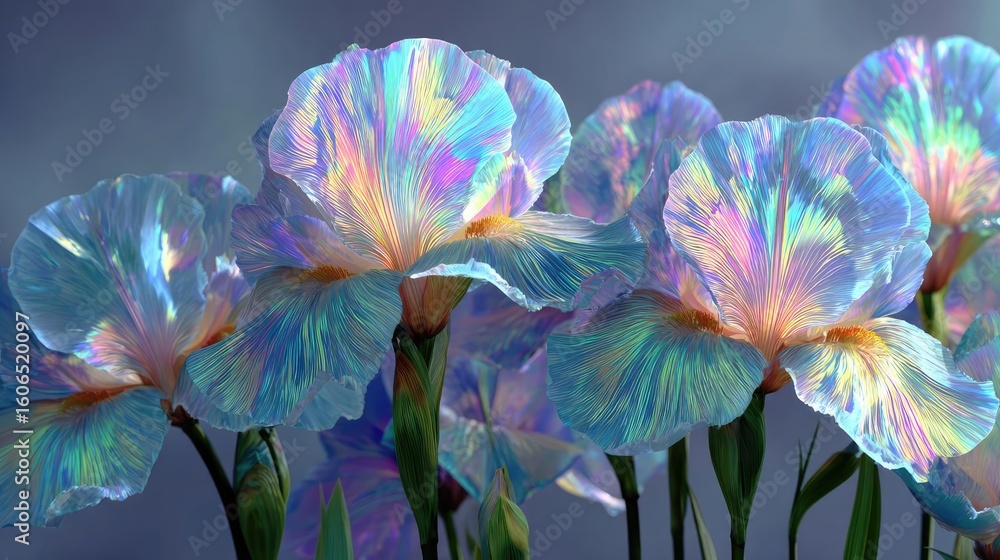 Poster iris cascade in minimal movement concept. vibrant iridescent floral display in soft-focus background