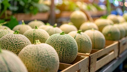 Fresh cantaloupe melons displayed in wooden crates at a vibrant market stall