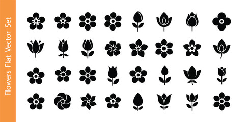 Collection of Flower Icons in Black Silhouette on White Background