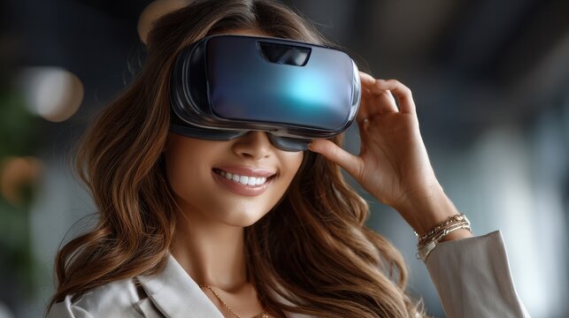 Woman smiles while wearing virtual reality headset in modern tech space during daytime - Powered by Adobe