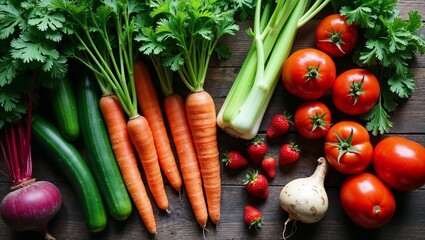 Fresh Organic Vegetables and Fruits on Rustic Wood Background