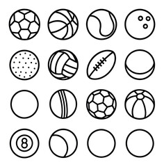 Collection of various sports balls in simple black line art design